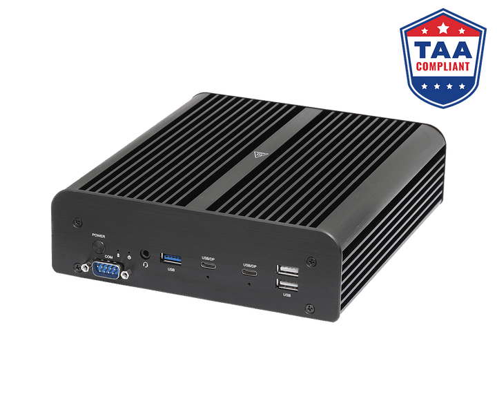 ASRock Industrial iBOX-255H fanless mini PC, front angle view, TAA compliant
